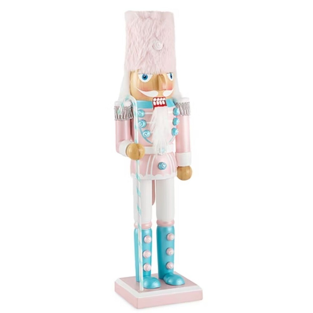 Wooden Christmas Nutcracker,14",WHITE SOLDIER IN PINK FUR HAT W/CANDY CANE182,NP